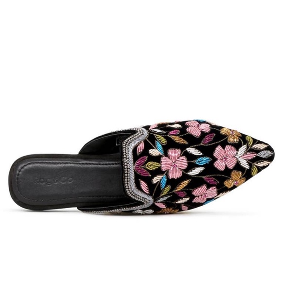 Black Velvet Floral Embroidered Pointed Toe Mules - Picture 4 of 4